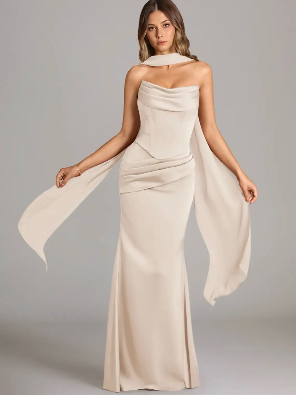 Azazie Cream Strapless Gown with Draped Scarf